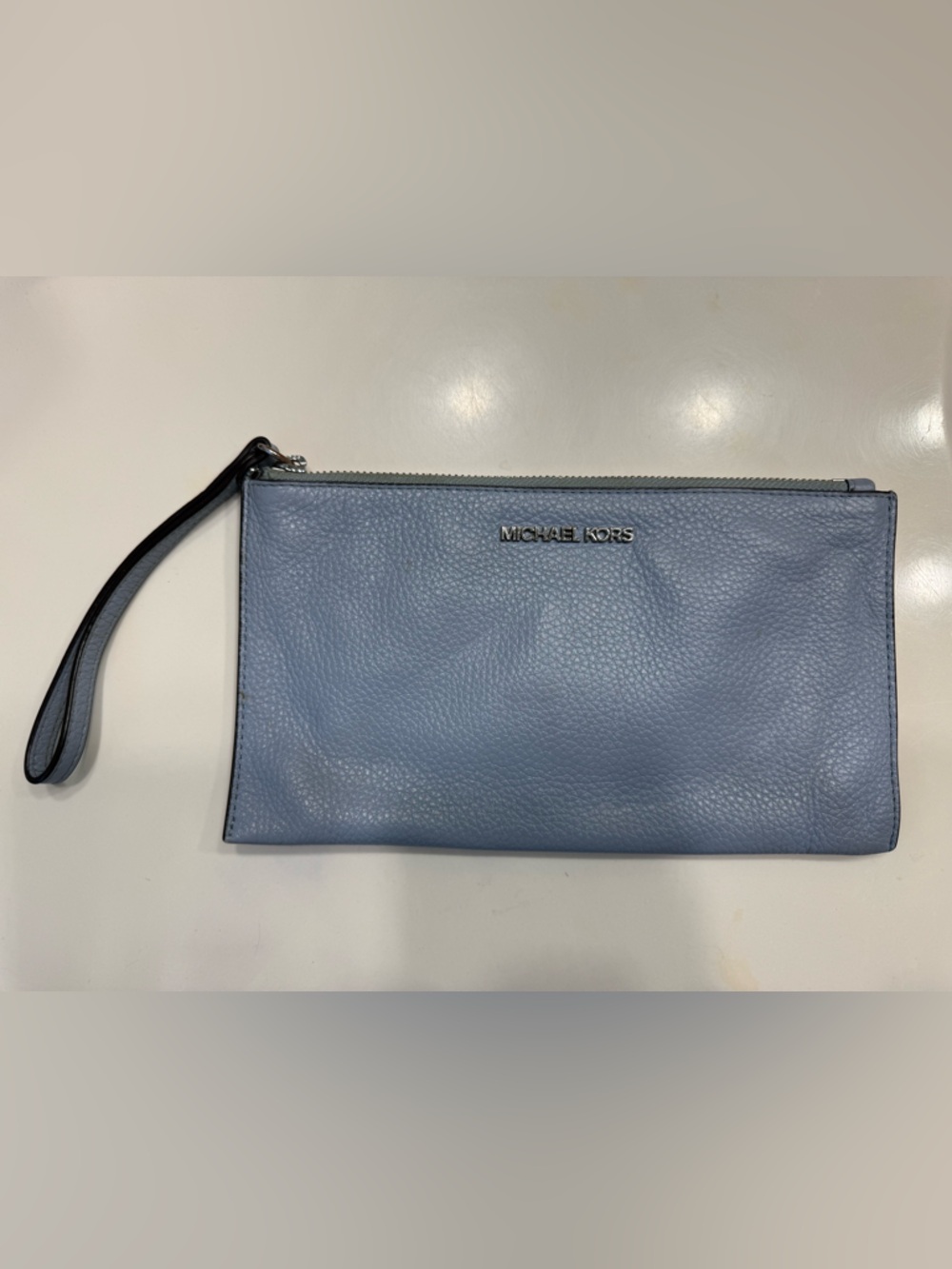 Michael Kors Light Blue Leather Wristlet Clutch with Large Zip Pouch